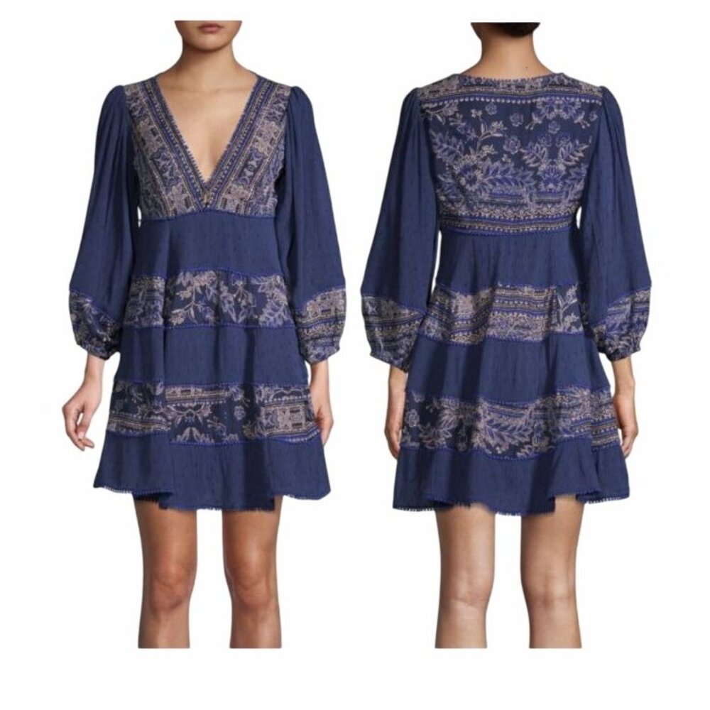 ⭐Free People My Love Mini dress Sz M Womens Blue Embroidered Floral Long Sleeve⭐